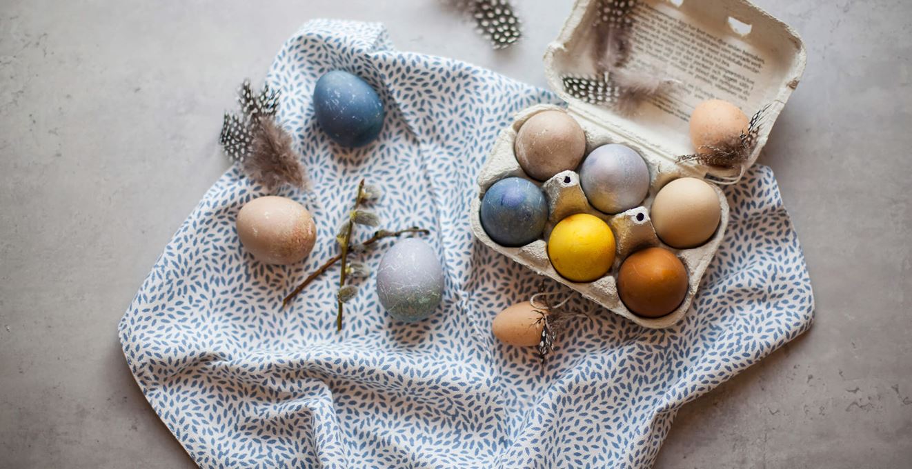 Färgade ägg i en äggkartong