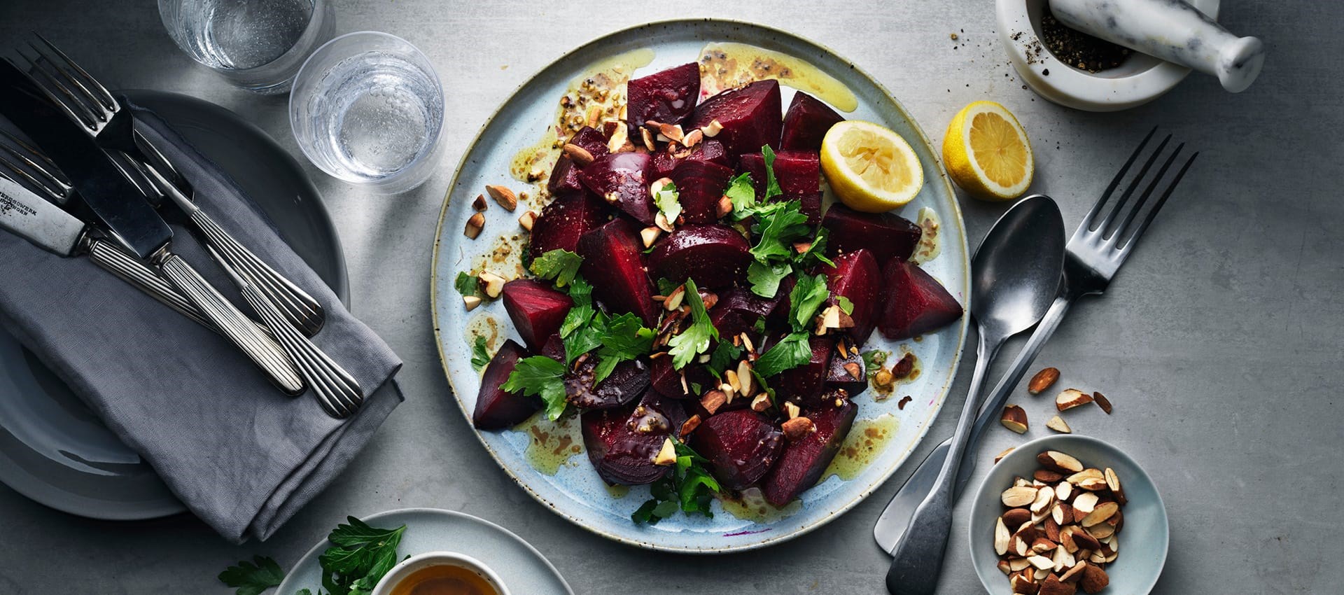 Beetroots with browned spicy butter topped with roasted almonds