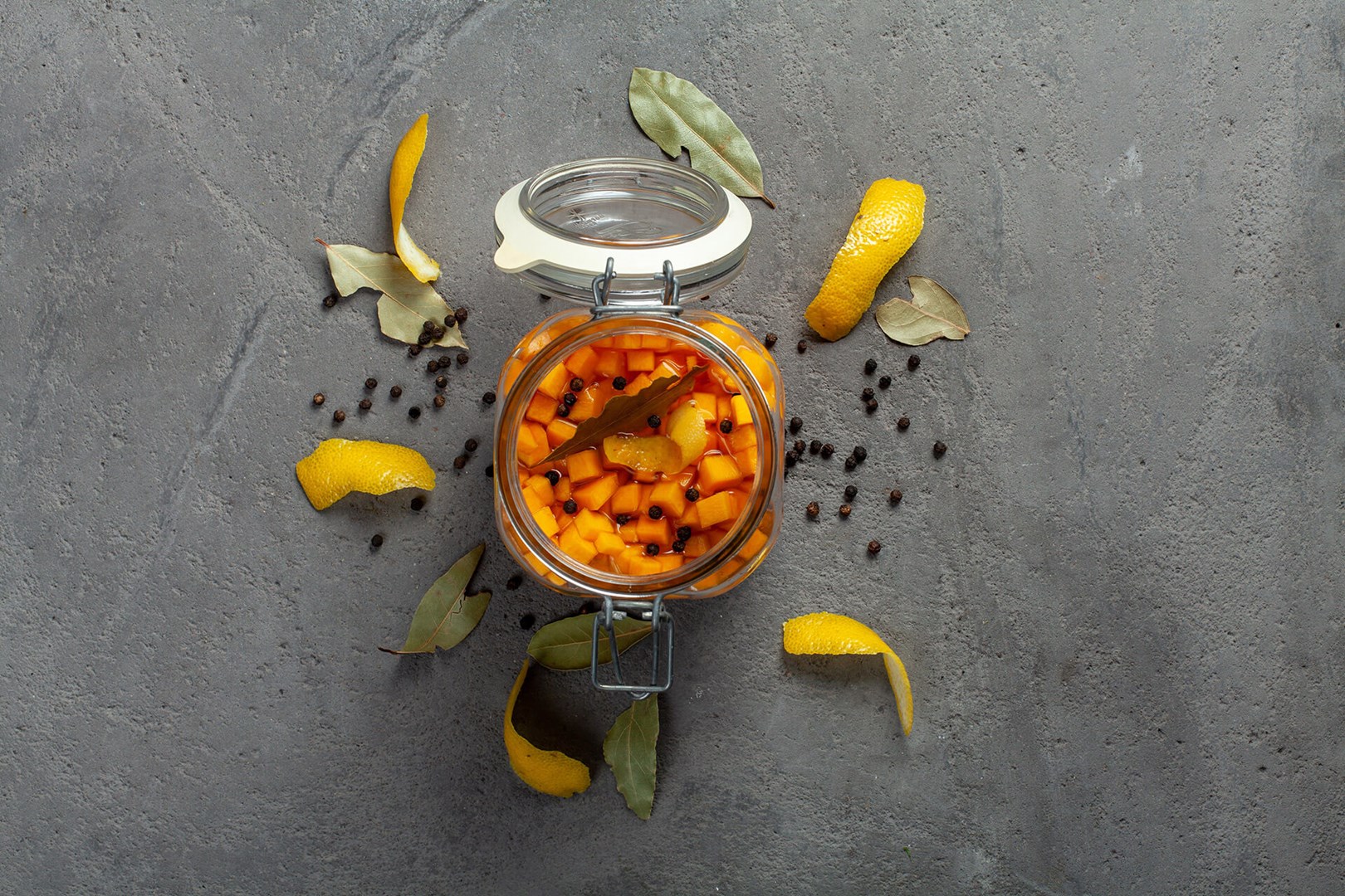 Glass jar with pickled butternut squash