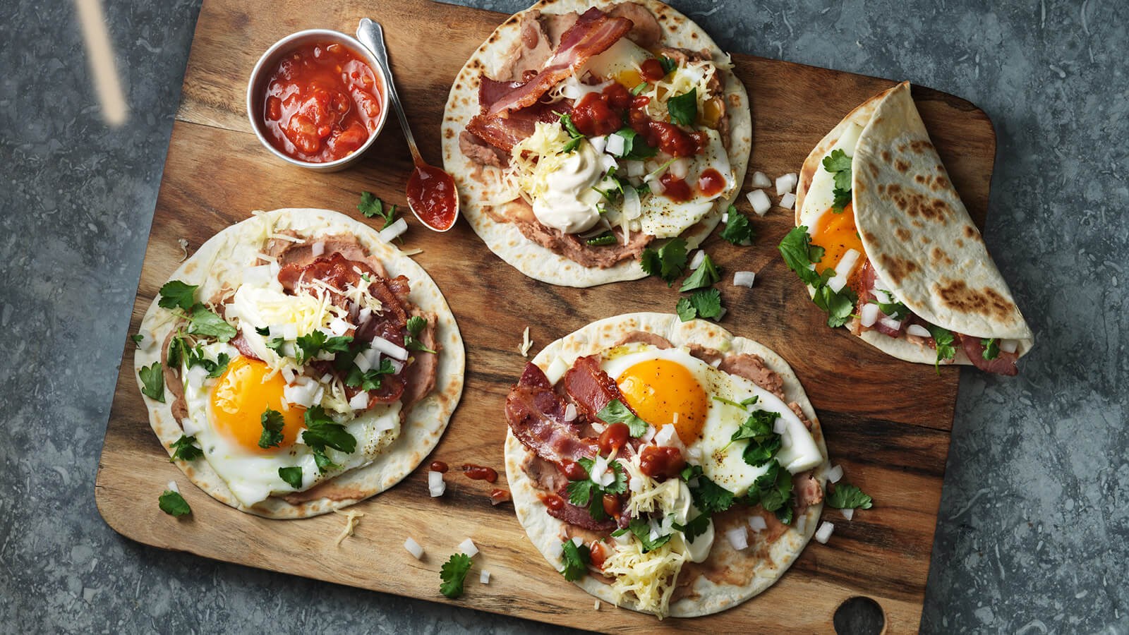 Brunch tacos with bacon and eggs