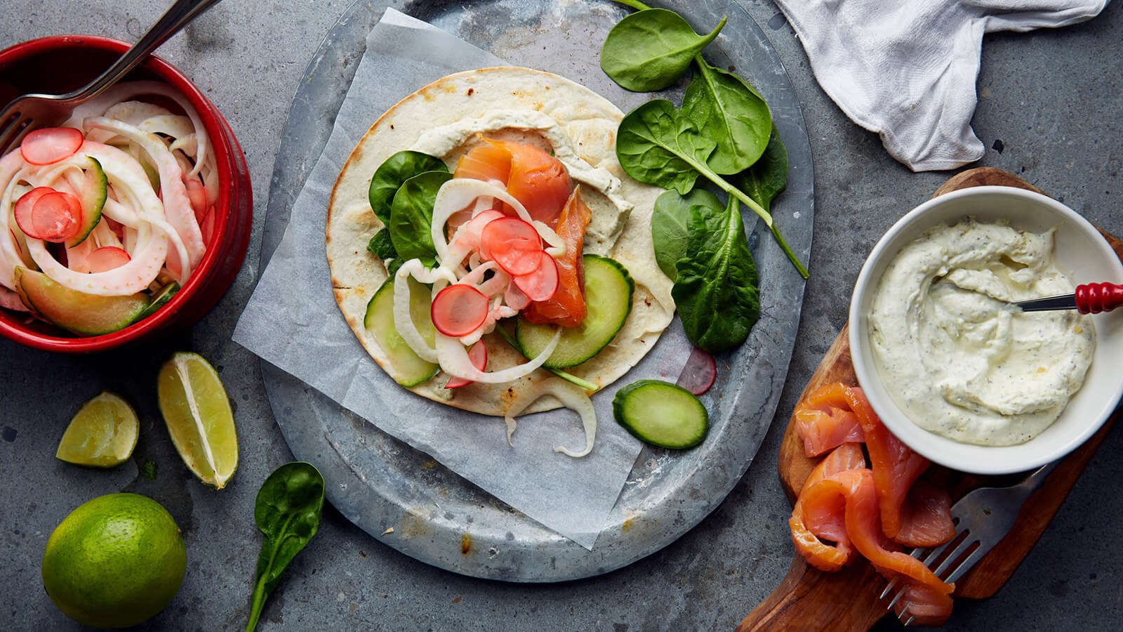 Taco with smoked salmon with pickled veggies