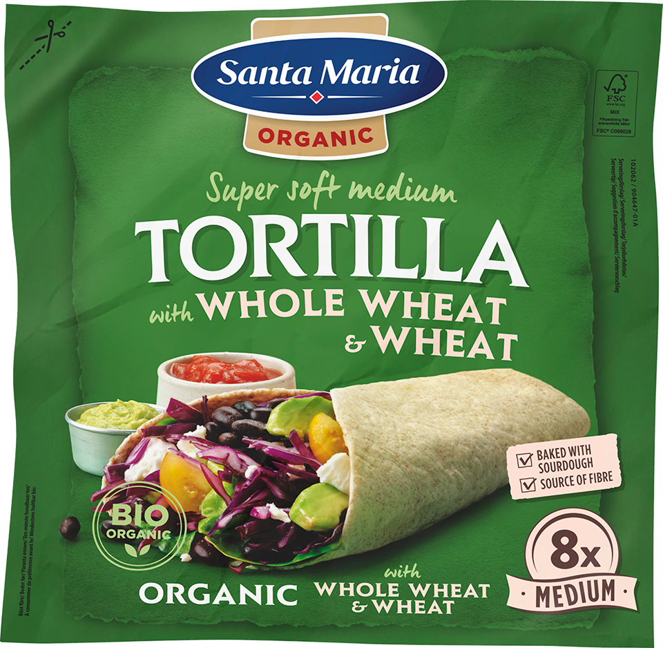 verpakking met 8 organic whole wheat tortilla's