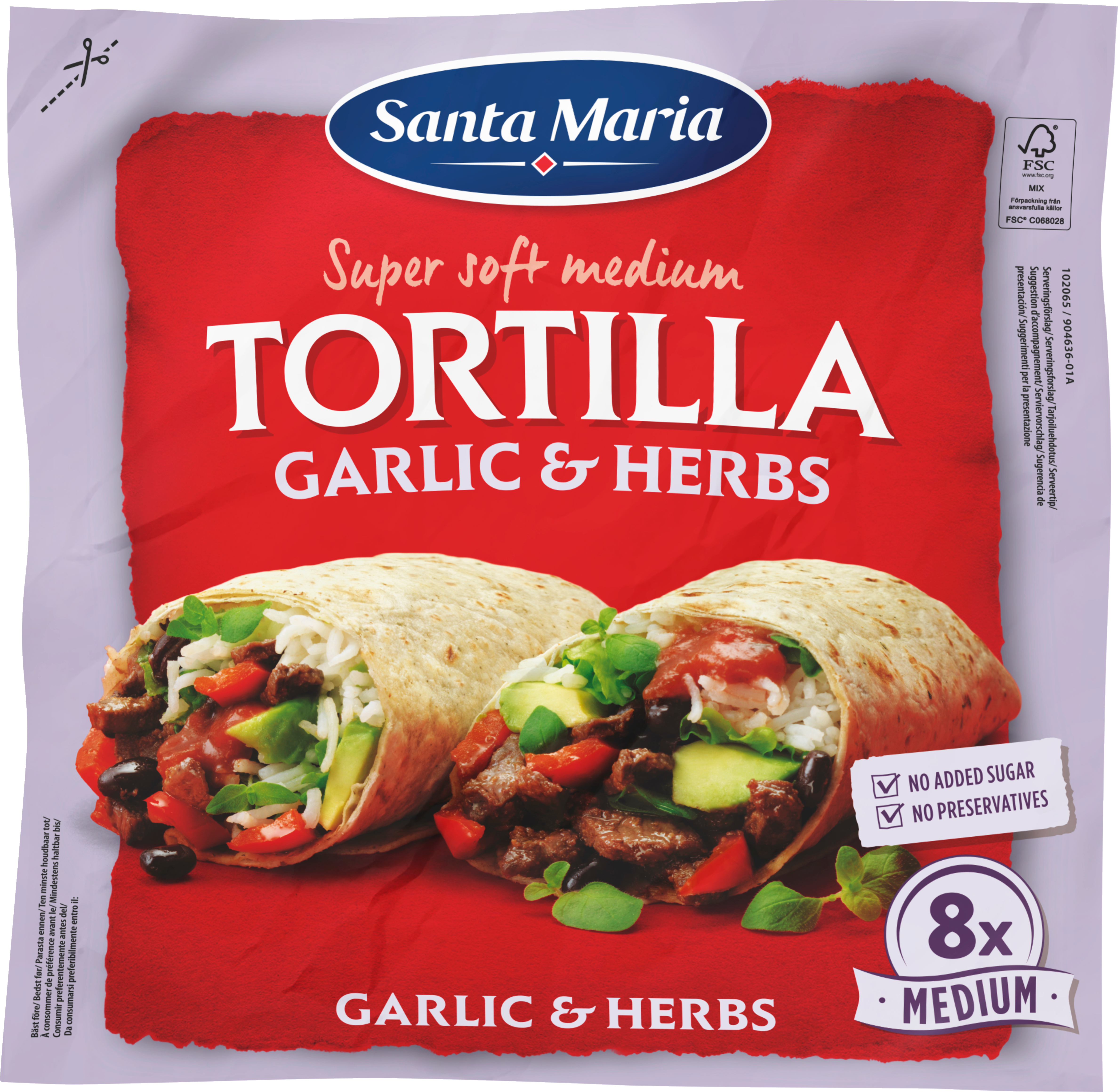 Packet with eight garlic and herb flavoured tortillas