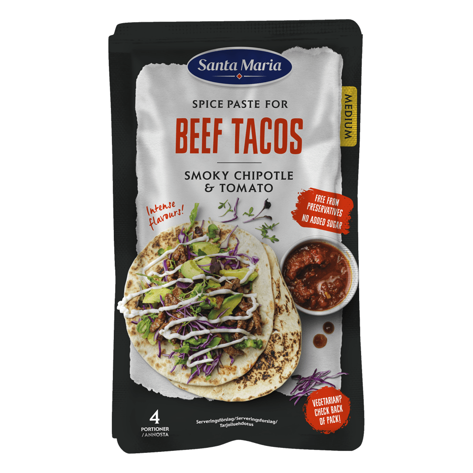 Pakkning med Spice Paste Beef Tacos från Santa Maria