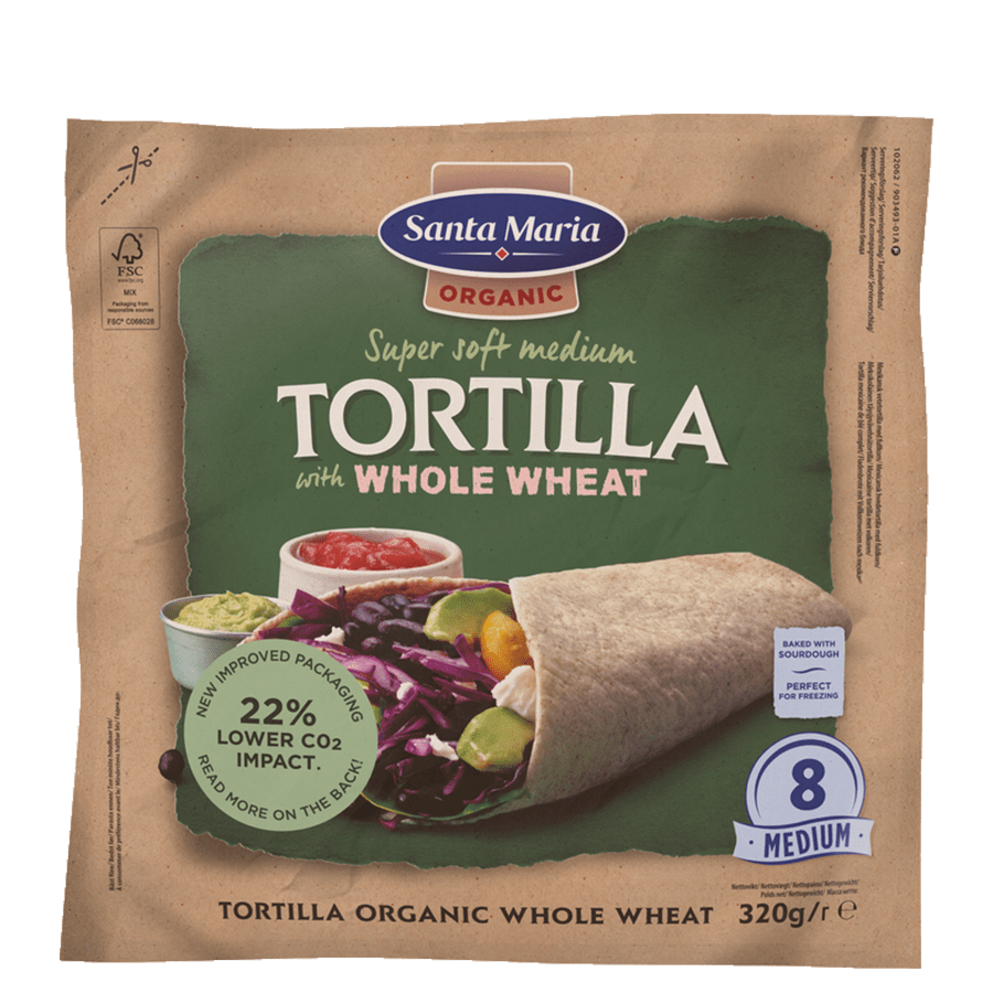 Packet with eight organic whole wheat tortillas