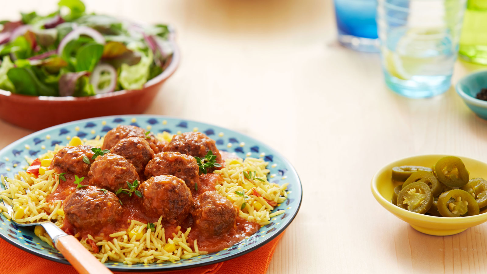 Colombian Albóndigas Meatballs with Yellow Rice
