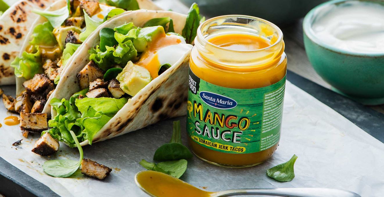 Mango sauce til jamaicanske jerk tacos.