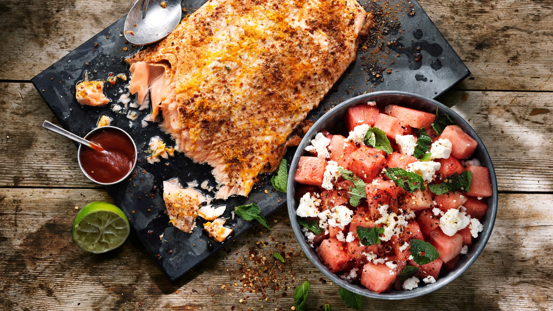 Zalm met watermeloensalade