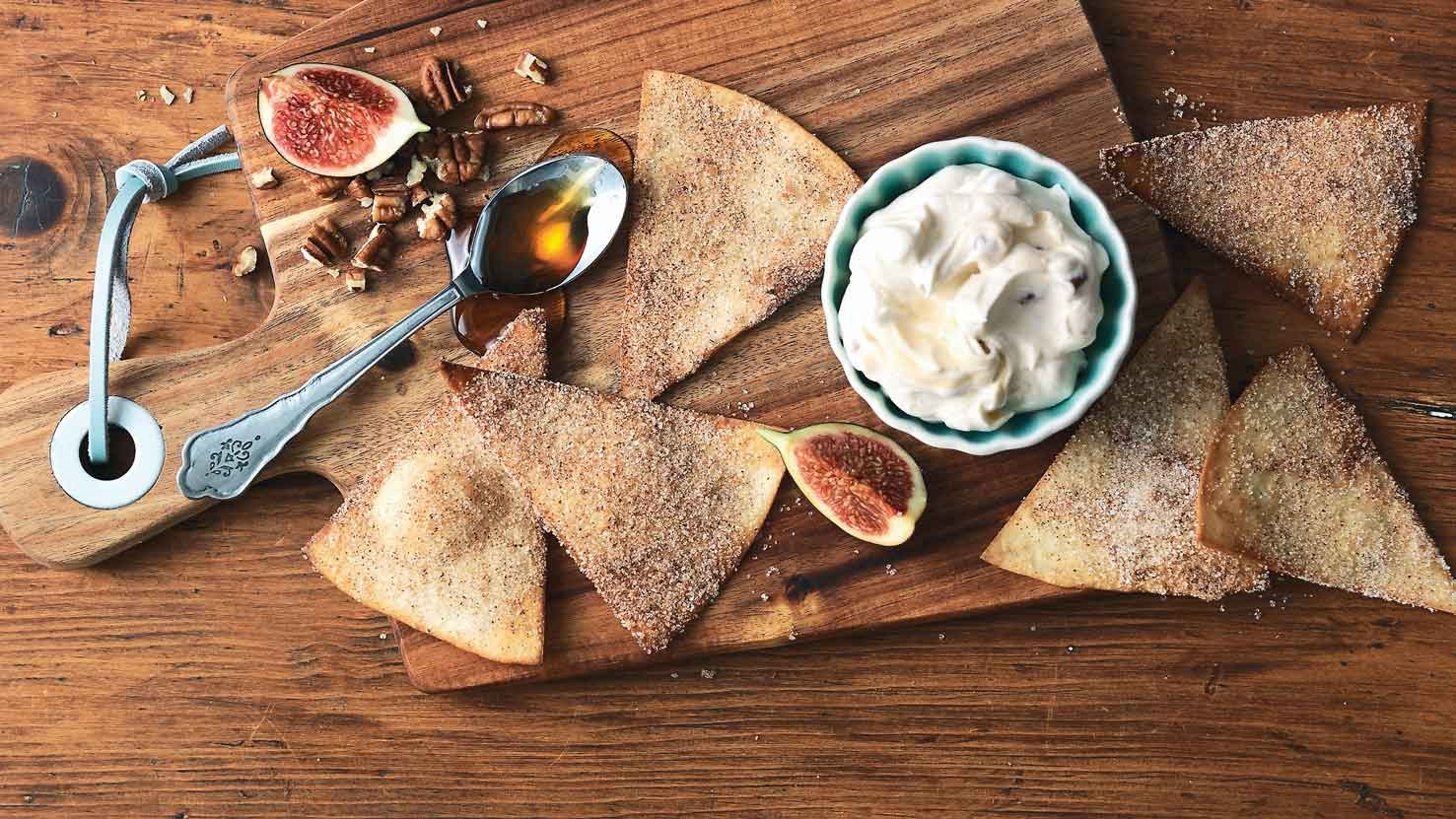 Cinnamon Tortilla Chips with Creamy Maple Pecan Dip