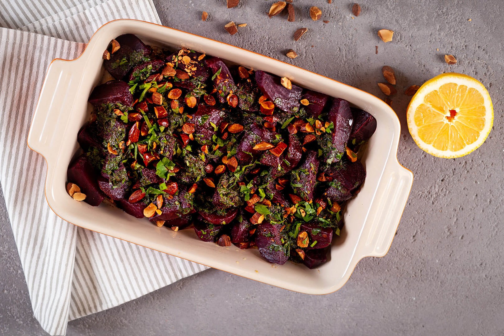 Beetroots with browned spicy butter topped with roasted almonds