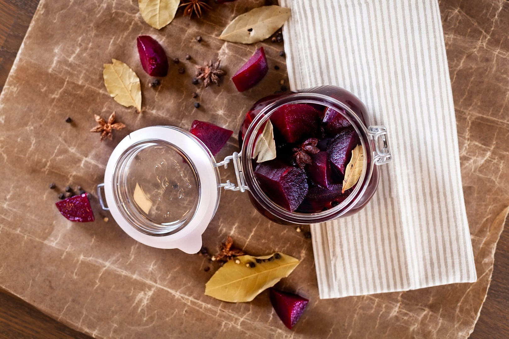 Pickled beetroots in a glass jar