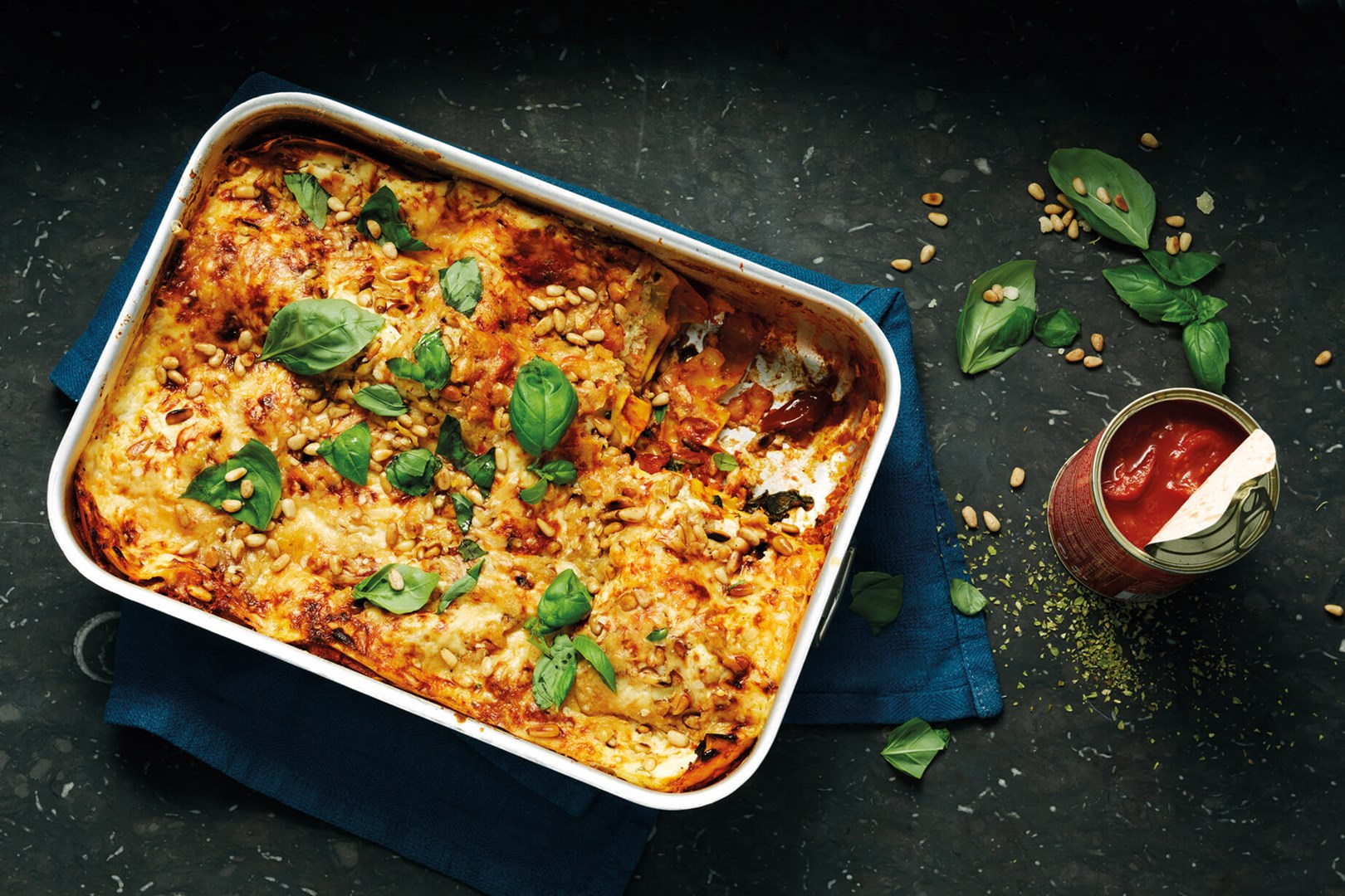 veggie lasagna in a roasting pan