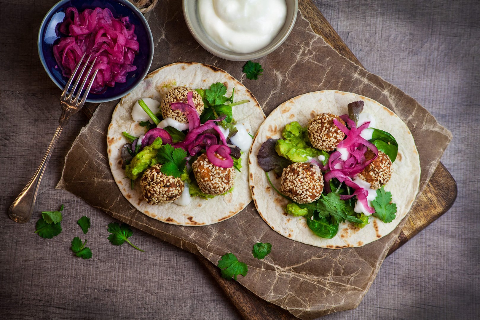 Vegan falafel in a tortilla