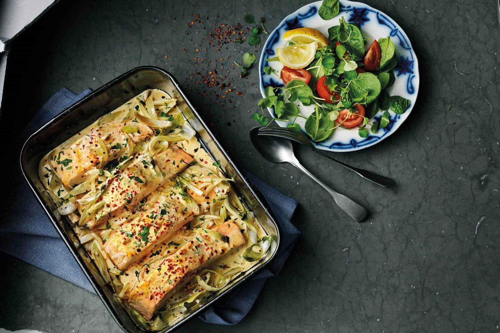 creamy salmon in an oven tray