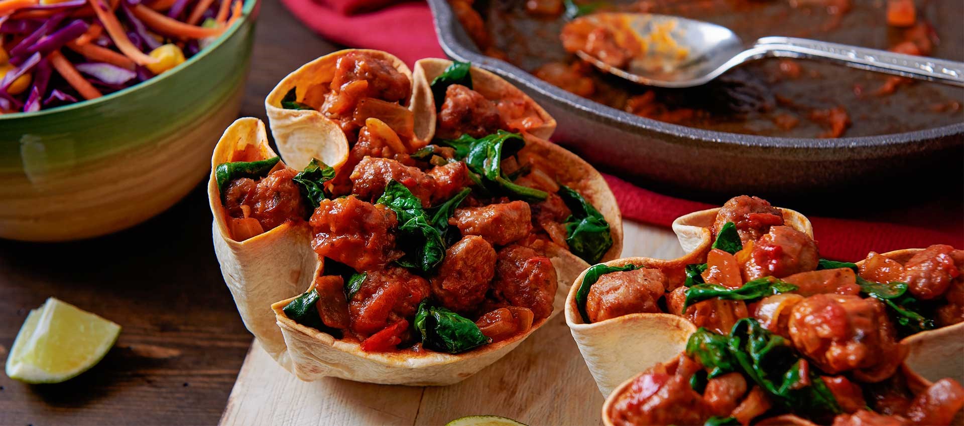 Sausage Sofrito Stew Served in a Taco Bowl