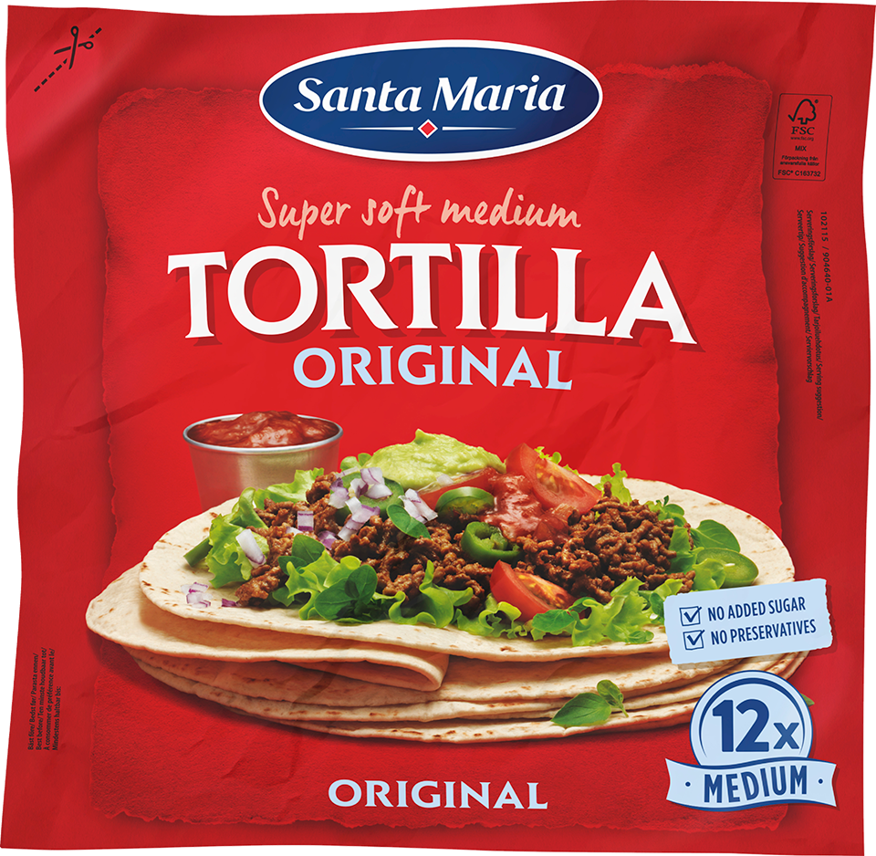 Förpackning med tolv vetetortillas