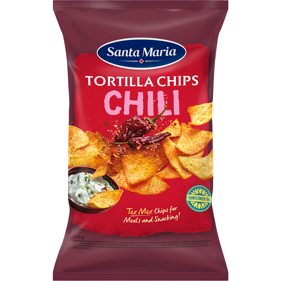 En stor påse tortilla chips med chilismak.