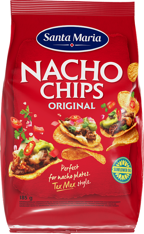 Förpackning med Nacho Chips bakade på majsmjöl