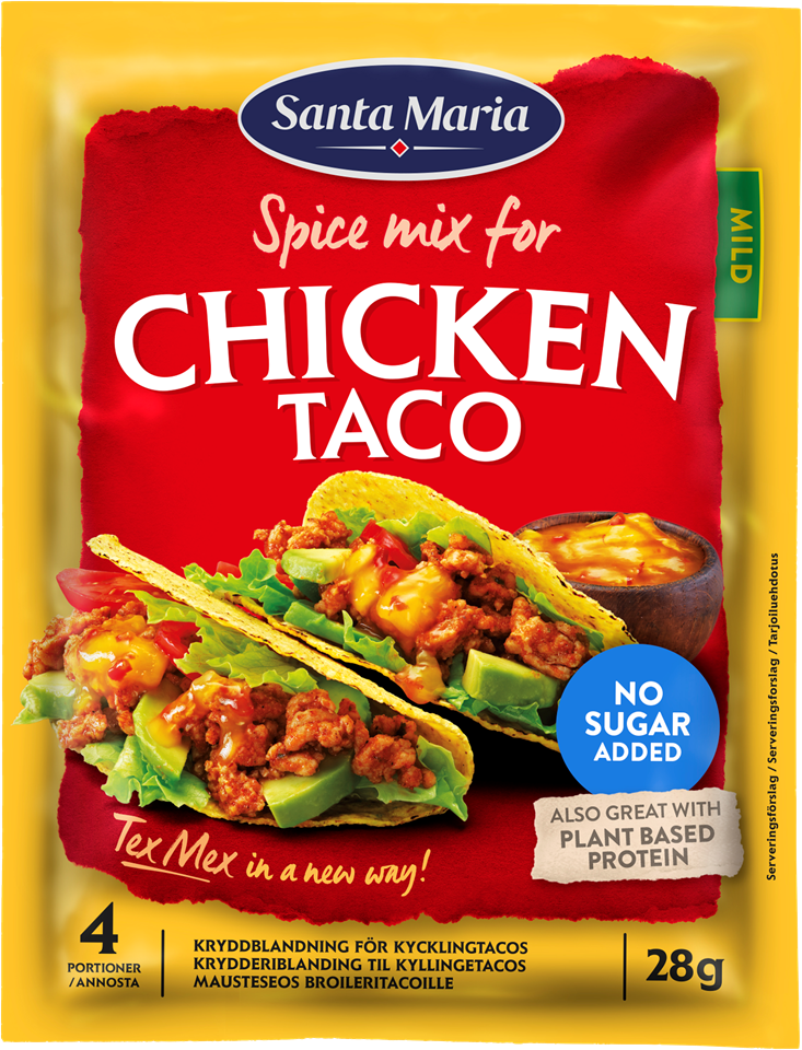 Påse med Chicken Taco Spice mix för kyckling.