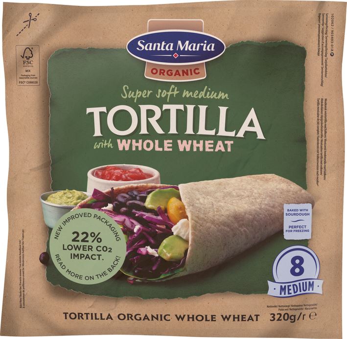 Packet with eight organic whole wheat tortillas