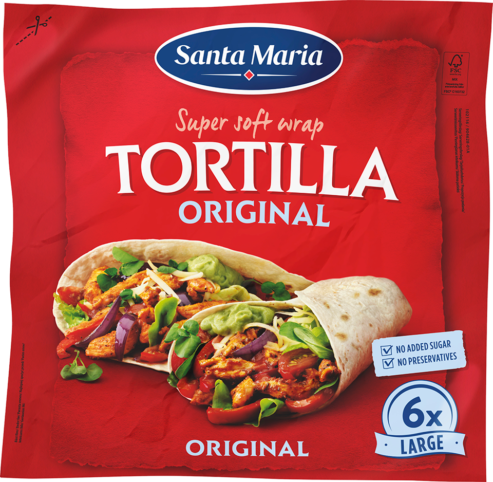 Förpackning med sex stora vetetortillas