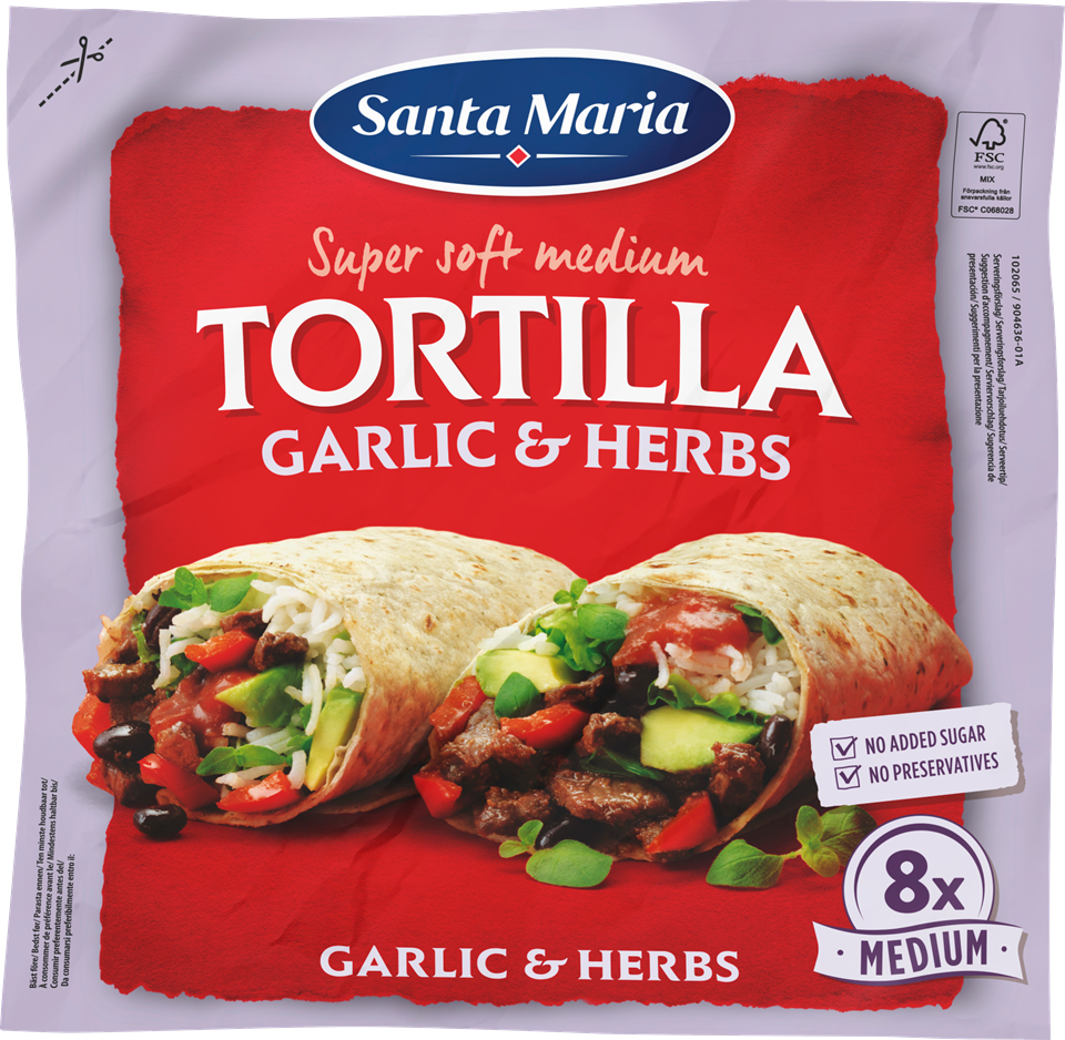 Packet with eight garlic and herb flavoured tortillas