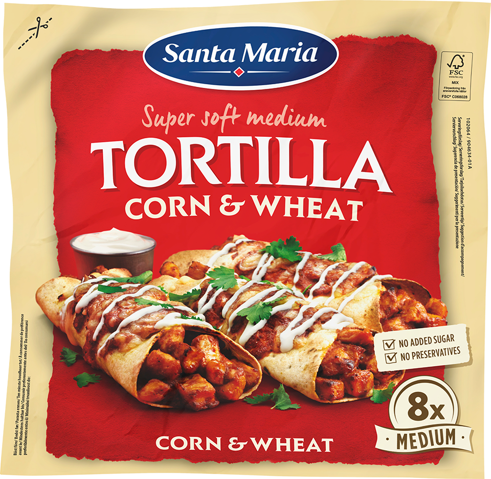 Packet with eight corn and wheat tortillas