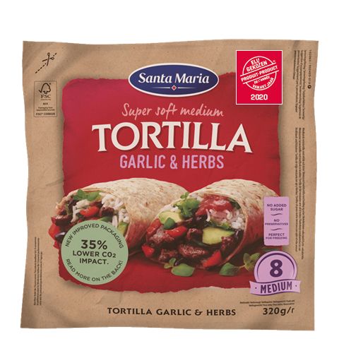 Packet with eight garlic and herb flavoured tortillas