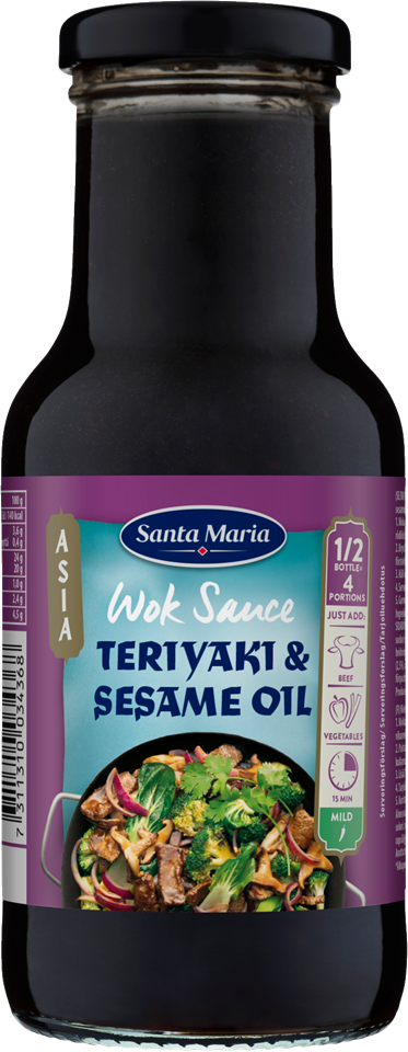 En flaska med mörk woksås med kraftfulla smaker av från teriyakisås och sesamolja.