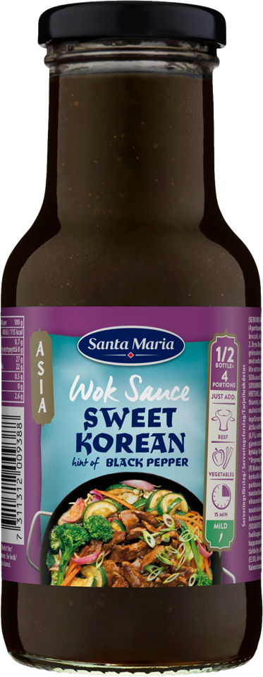 En flaska med söt koreansk wok-sås med smak av svart peppar