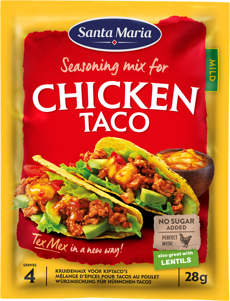 Påse med Chicken Taco Spice mix för kyckling.