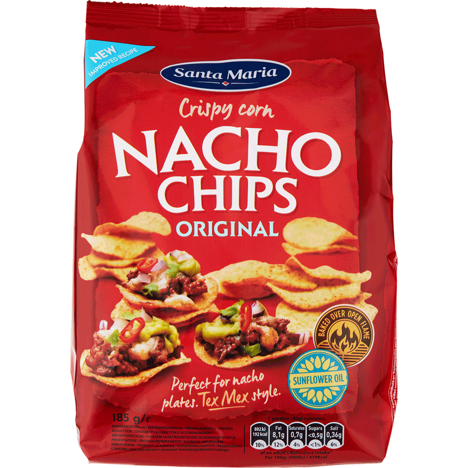 Förpackning med Nacho Chips bakade på majsmjöl