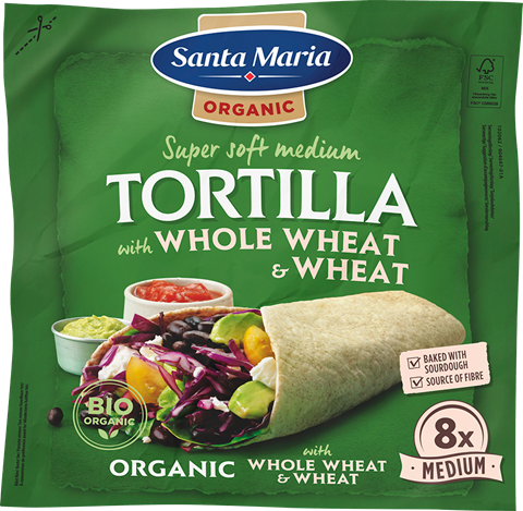 verpakking met 8 organic whole wheat tortilla's