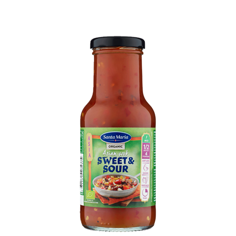 En flaska med ekologisk sweet & sour woksås.