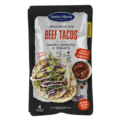 Förpackning med Spice Paste Beef Tacos från Santa Maria