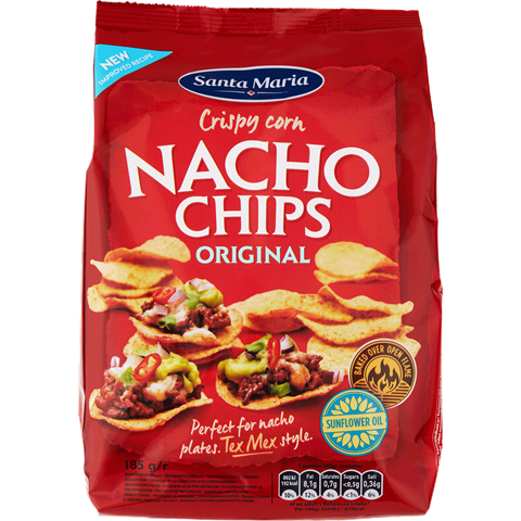 Förpackning med Nacho Chips bakade på majsmjöl