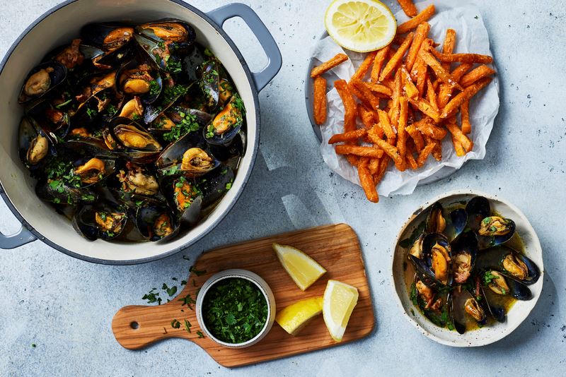 Moules à la bière et au lard