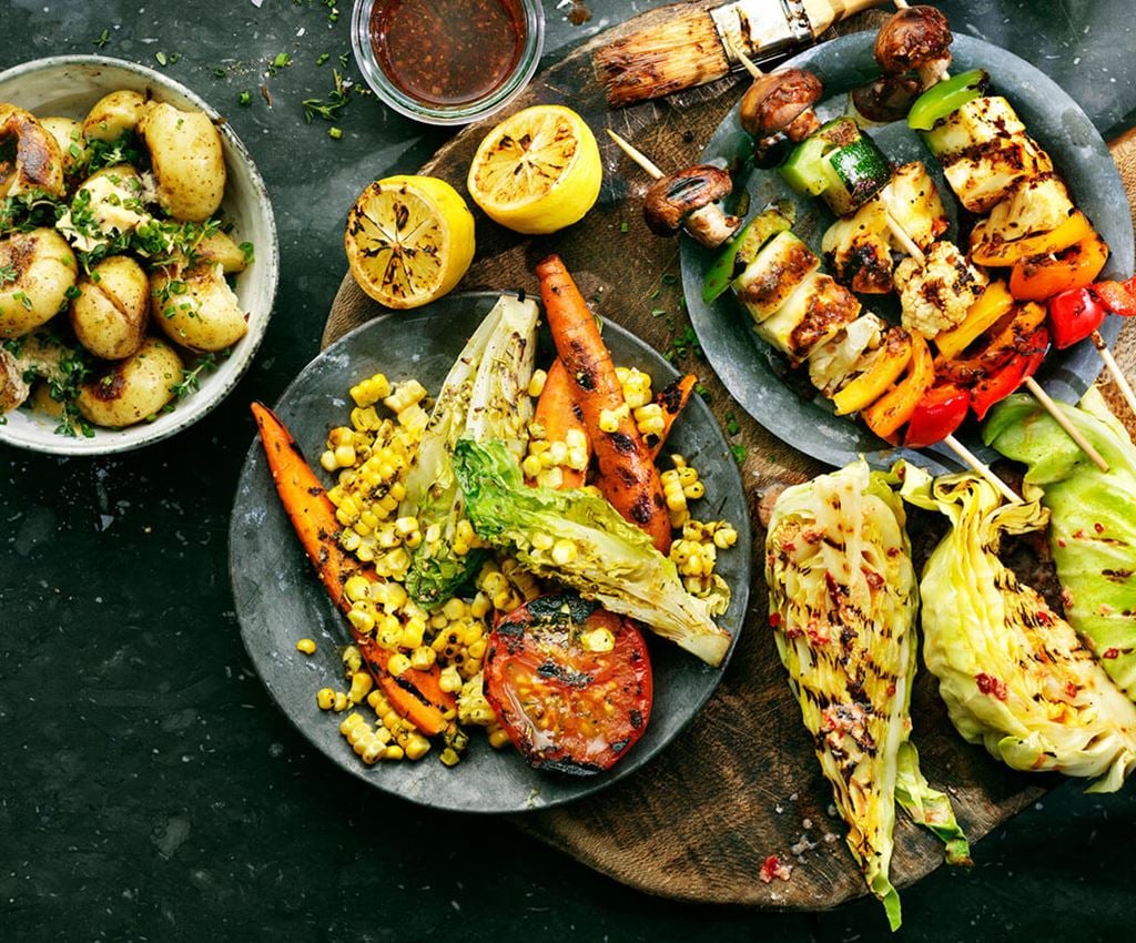 Four types of grilled sides - potatoes, veggies and kale