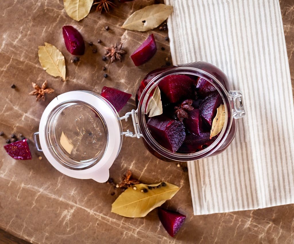 Pickled beetroots in a glass jar