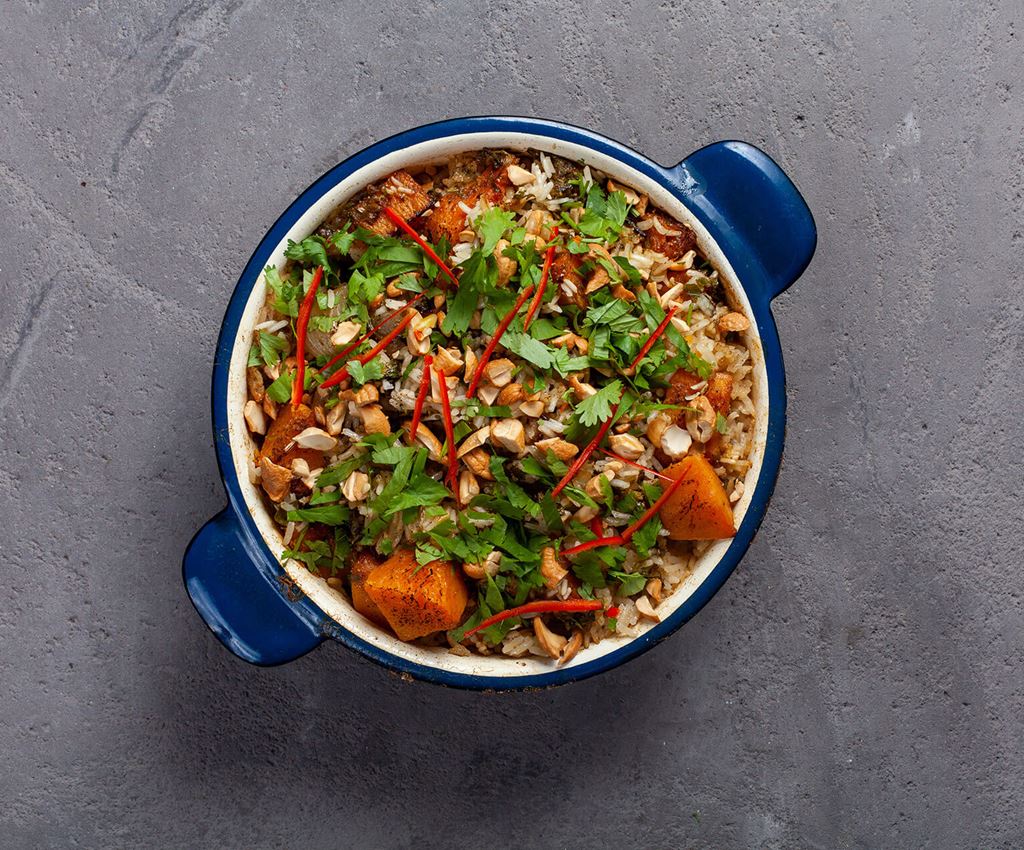 Dish with vegetarian biryani with butternut squash