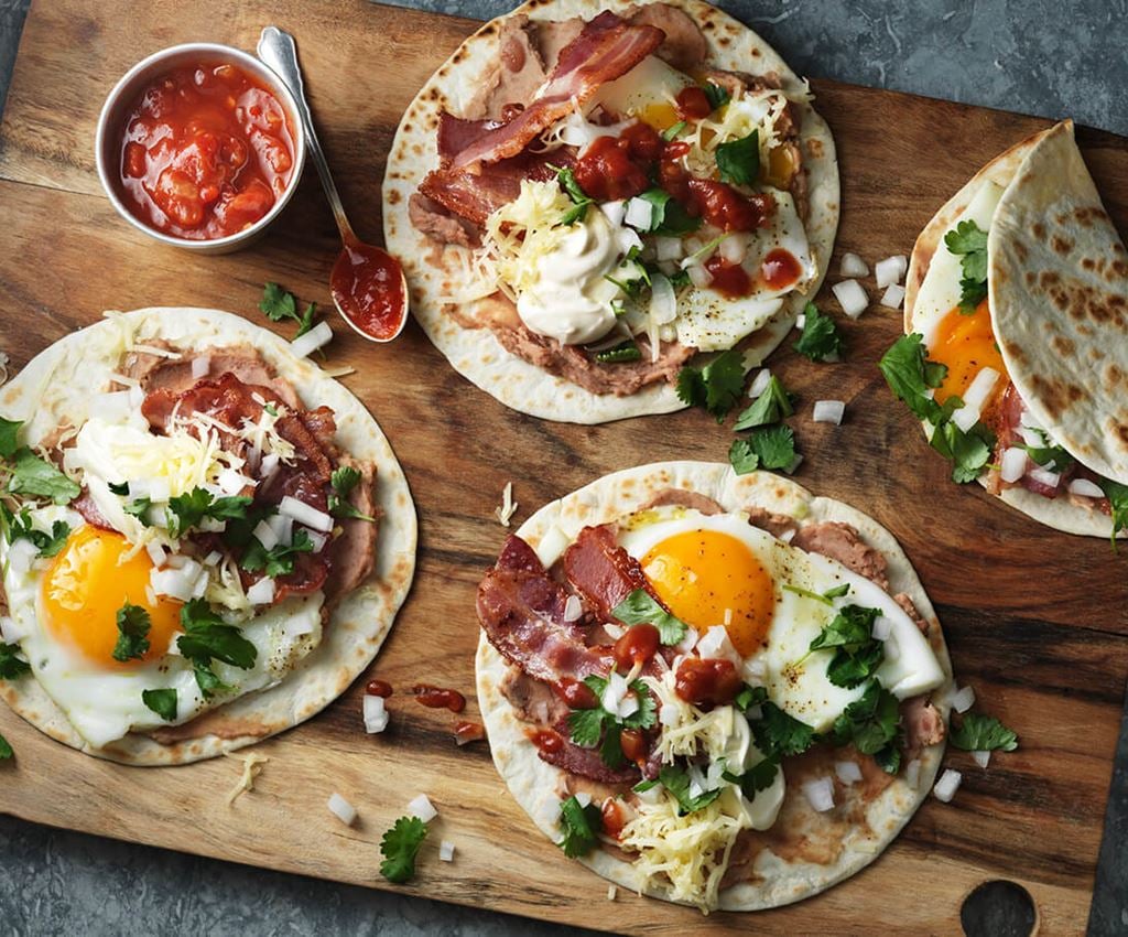 Brunch tacos with bacon and eggs