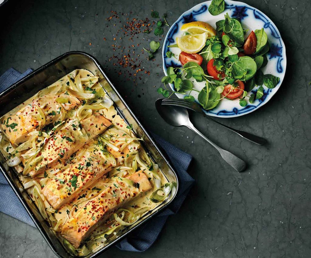 creamy salmon in an oven tray