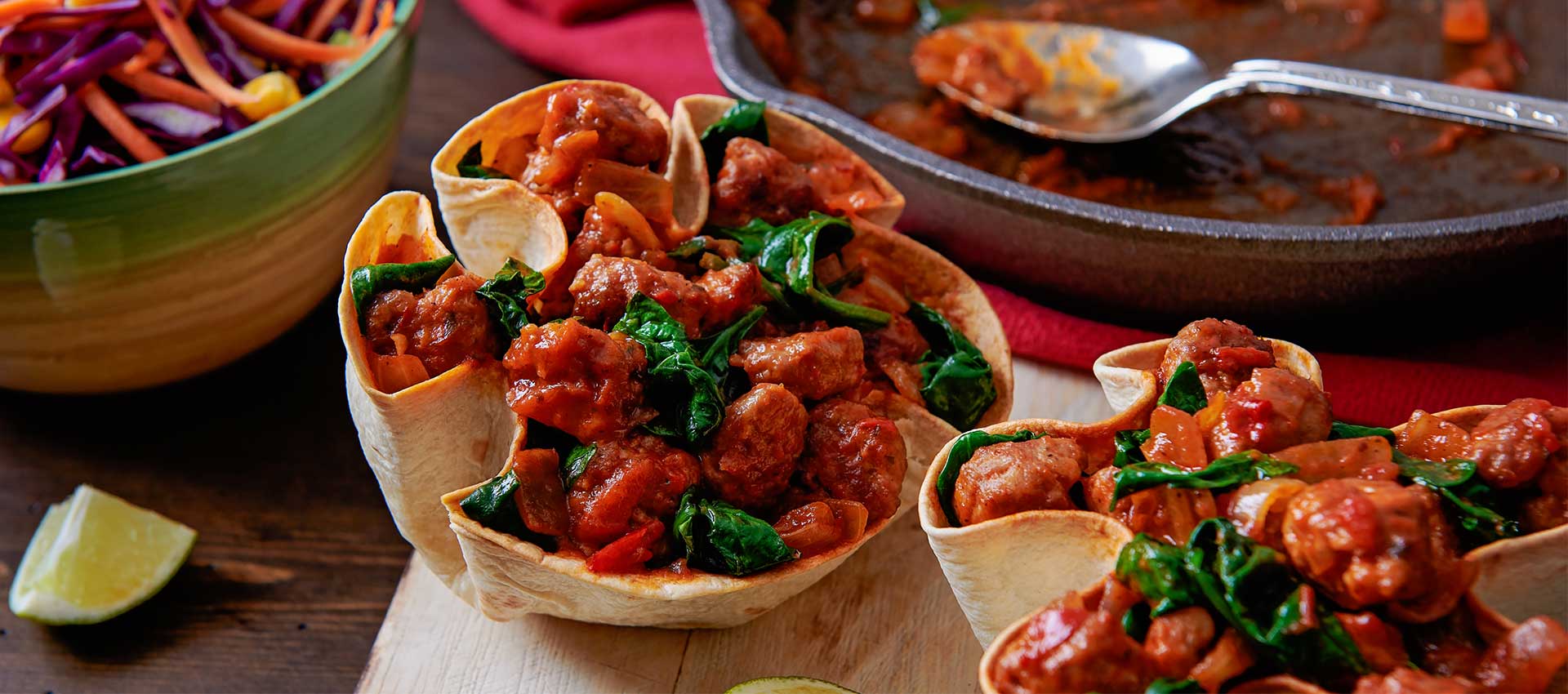 Sausage Sofrito Stew Served in a Taco Bowl