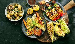 Four types of grilled sides - potatoes, veggies and kale