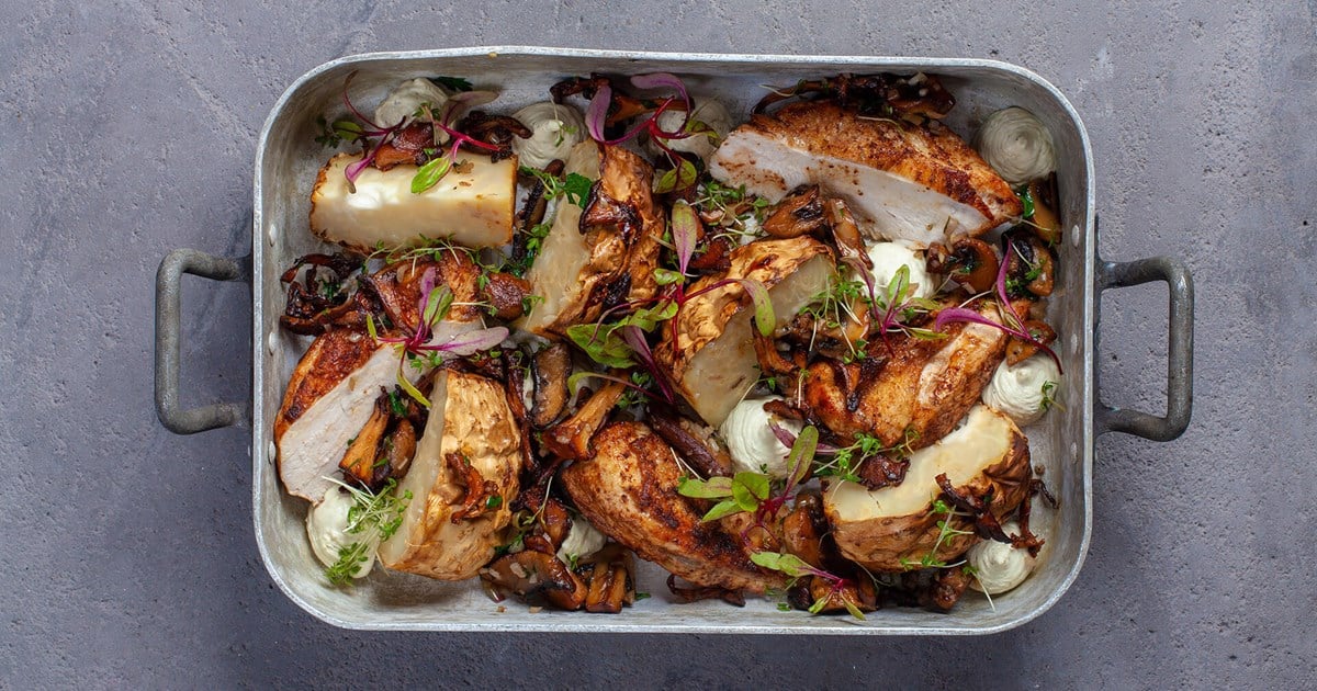 Whole baked celeriac with autumn mushrooms, chicken and herb cream | Santa Maria
