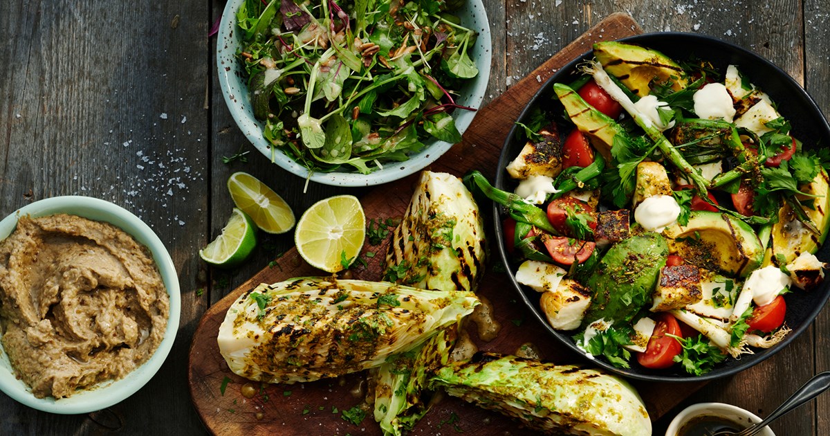 Baba Ganoush, grilled asian cabbage, garden salad & grilled halloumi salad