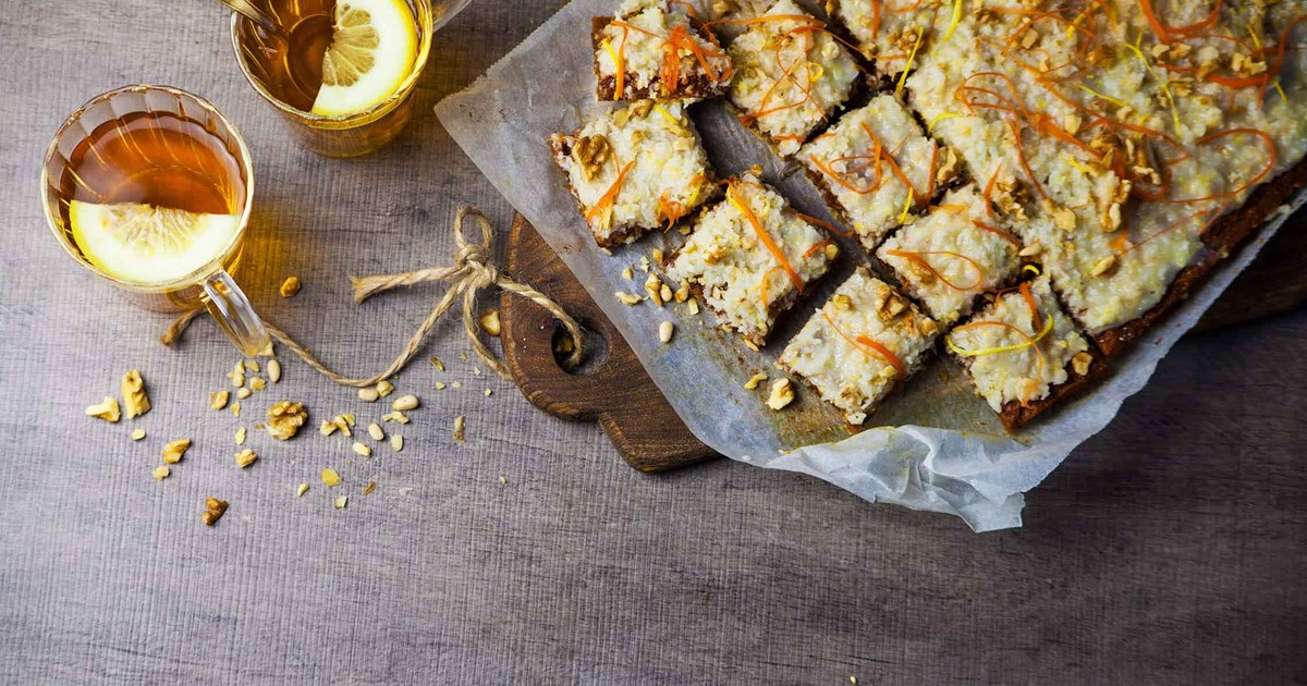 Vegan carrot cake with coconut frosting